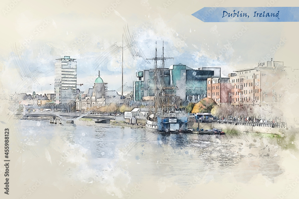 Fototapeta premium city life of Dublin, Ireland, in sketch style