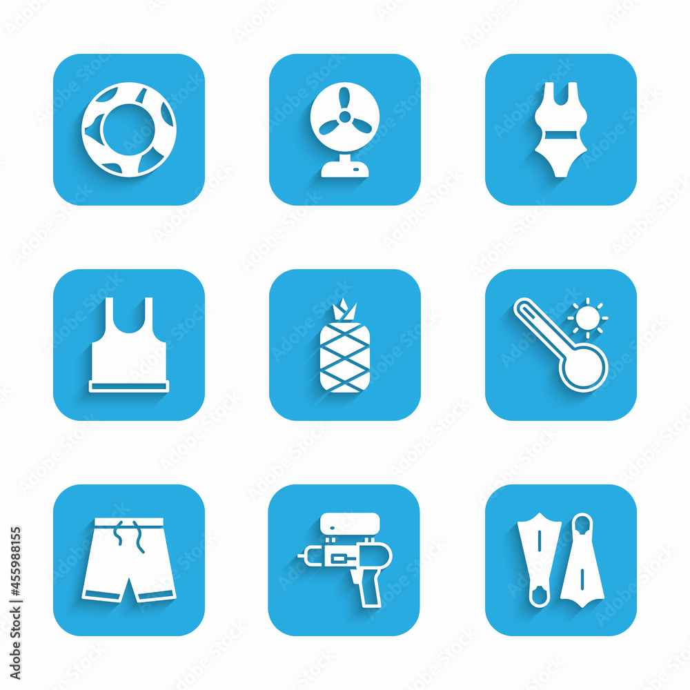 Set Pineapple, Water gun, Rubber flippers for swimming, Meteorology thermometer, Swimming trunks, Sleeveless T-shirt, Swimsuit and ring icon. Vector Set Pineapple, Water gun, Rubber flippers for swimming, Meteorology thermometer, Swimming trunks, Sleeveless T-shirt, Swimsuit and ring icon. Vector