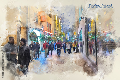 Photography city life of Dublin, Ireland,  in sketch style