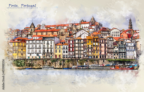 city life of Porto, Portugal, in sketch style