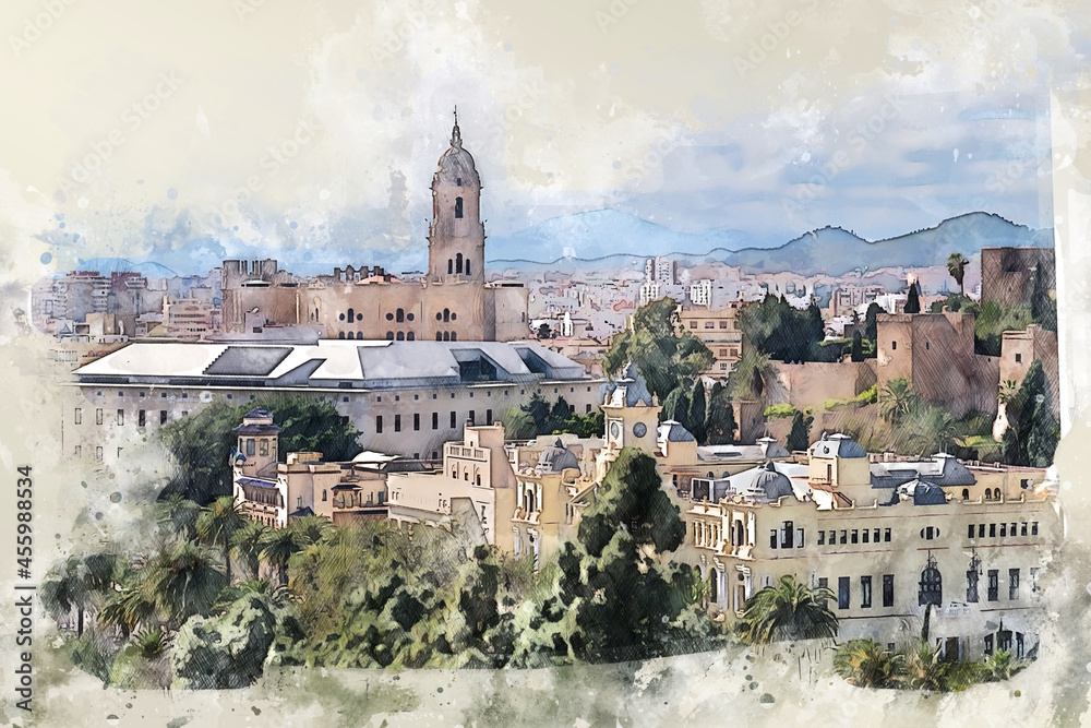 panorama of Malaga, Spain, in sketch style - obrazy, fototapety, plakaty 