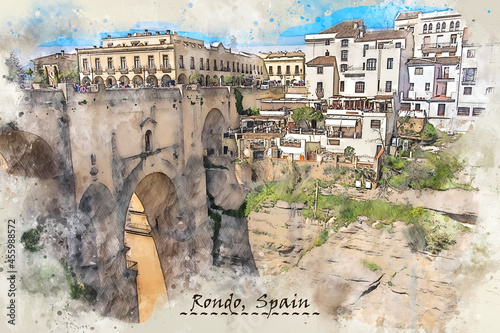 village Rondo, Spain,  in watercolor sketch style