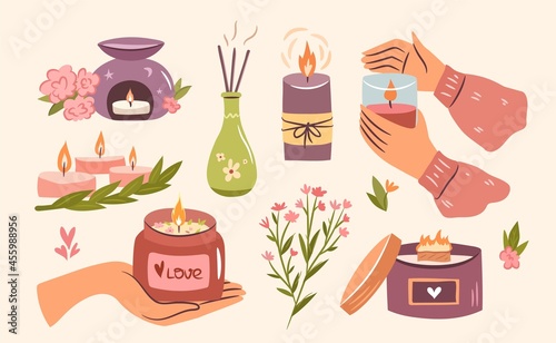 Scented candles set. Cozy collection of candles in hands, in a jar. Hygge time. Aromatherapy and relaxation set. Hand drawn flat vector.