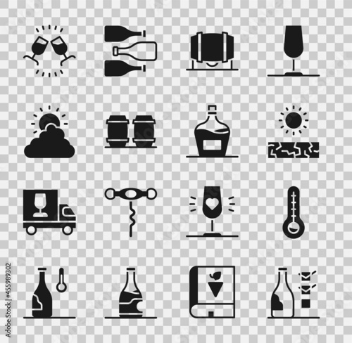 Set Bottle of wine, Meteorology thermometer, Drought, Wooden barrel for, Sun and cloud weather, Wine tasting, degustation and Old bottle icon. Vector