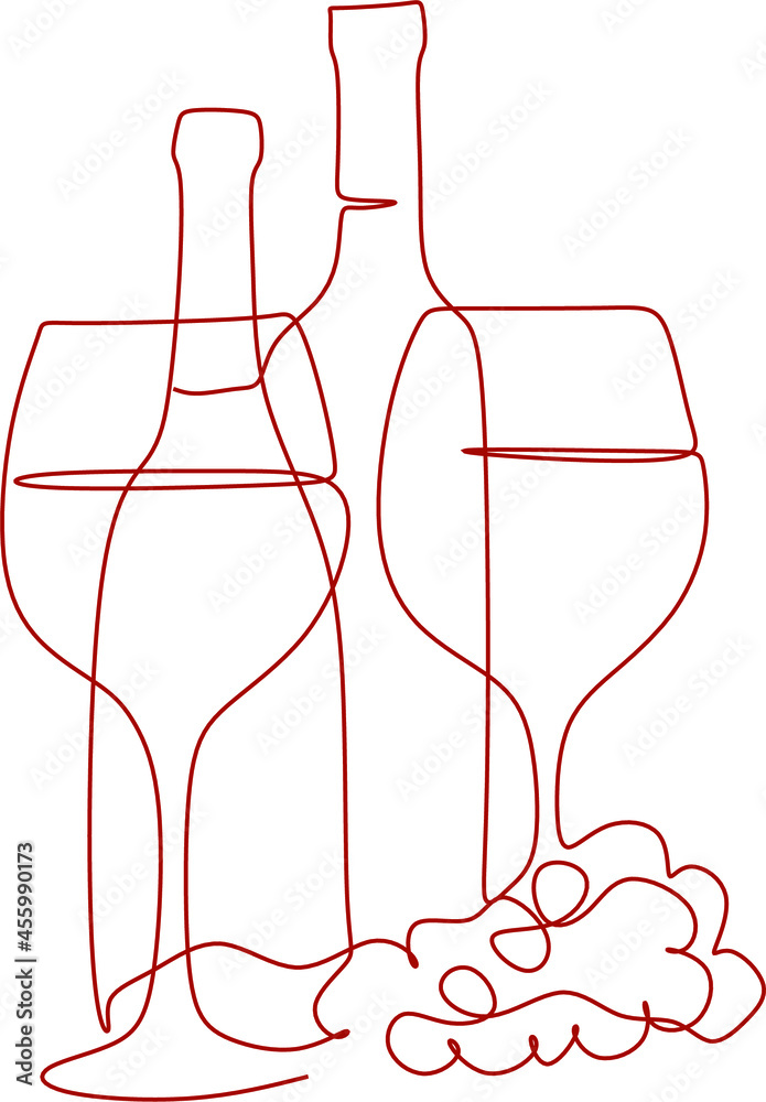 champagne bottles with cork shooting. One line drawing of an isolated vector object . Continuous line of drawing two glasses of champagne