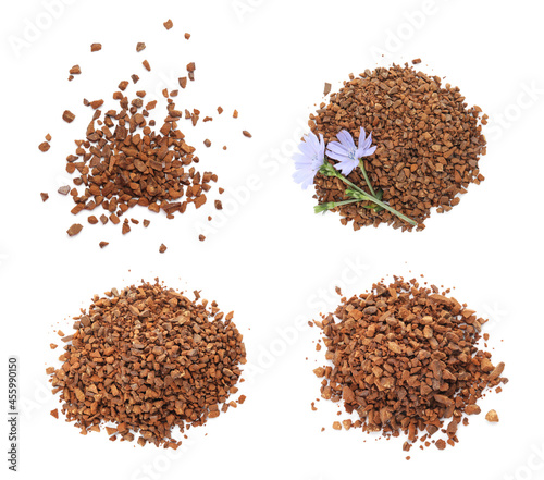 Set with chicory granules on white background, top view