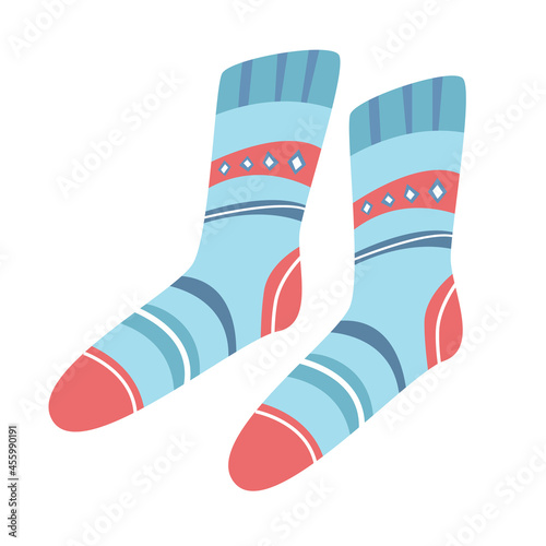 Blue knitted socks flat style. Isolated vector illustration.