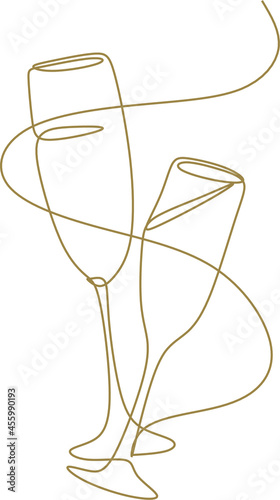 champagne bottles with cork shooting. One line drawing of an isolated vector object . Continuous line of drawing two glasses of champagne
