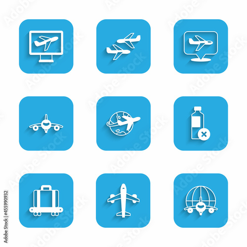 Set Globe with flying plane, Plane, No water bottle, Conveyor belt suitcase, and icon. Vector