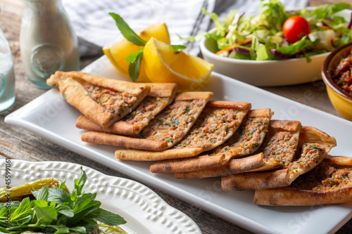 Traditional delicious Turkish food, meat pide (Turkish name; Kusbasi etli pide)