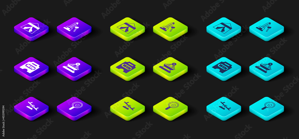 Set Seesaw, Lollipop, Circus ticket, Boat swing, Striker attraction with hammer and tent icon. Vector Set Seesaw, Lollipop, Circus ticket, Boat swing, Striker attraction with hammer and tent icon. Vector