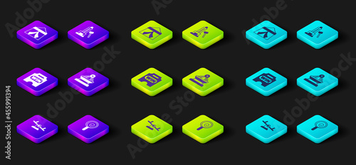 Set Seesaw, Lollipop, Circus ticket, Boat swing, Striker attraction with hammer and tent icon. Vector