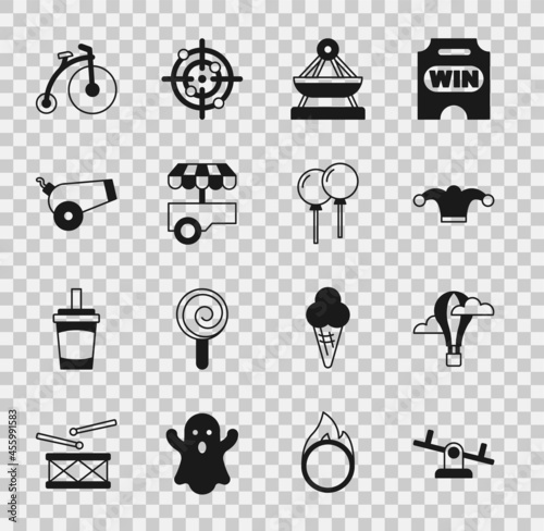 Set Seesaw, Hot air balloon, Jester hat with bells, Boat swing, Fast street food cart, Cannon, Vintage bicycle and Balloons ribbon icon. Vector