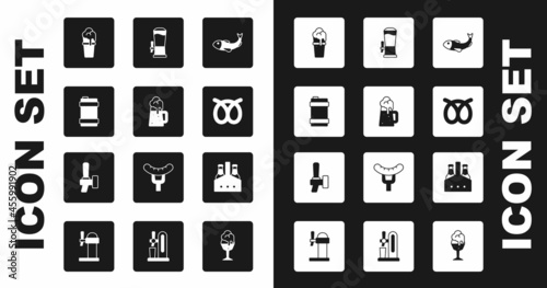 Set Dried fish, Wooden beer mug, Metal keg, Glass of, Pretzel, Beer tap, Pack bottles and icon. Vector