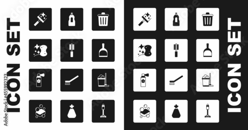 Set Trash can, Toilet brush, Sponge, Rubber cleaner for windows, Dustpan, Dishwashing liquid bottle, Mop and bucket and Air freshener spray icon. Vector