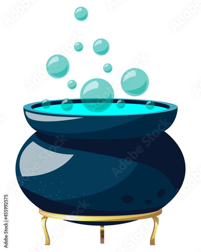 Vector magic vat with neon turquoise potion and bubbles isolated on white background. Cartoon witch cauldron with a gold stand for halloween.