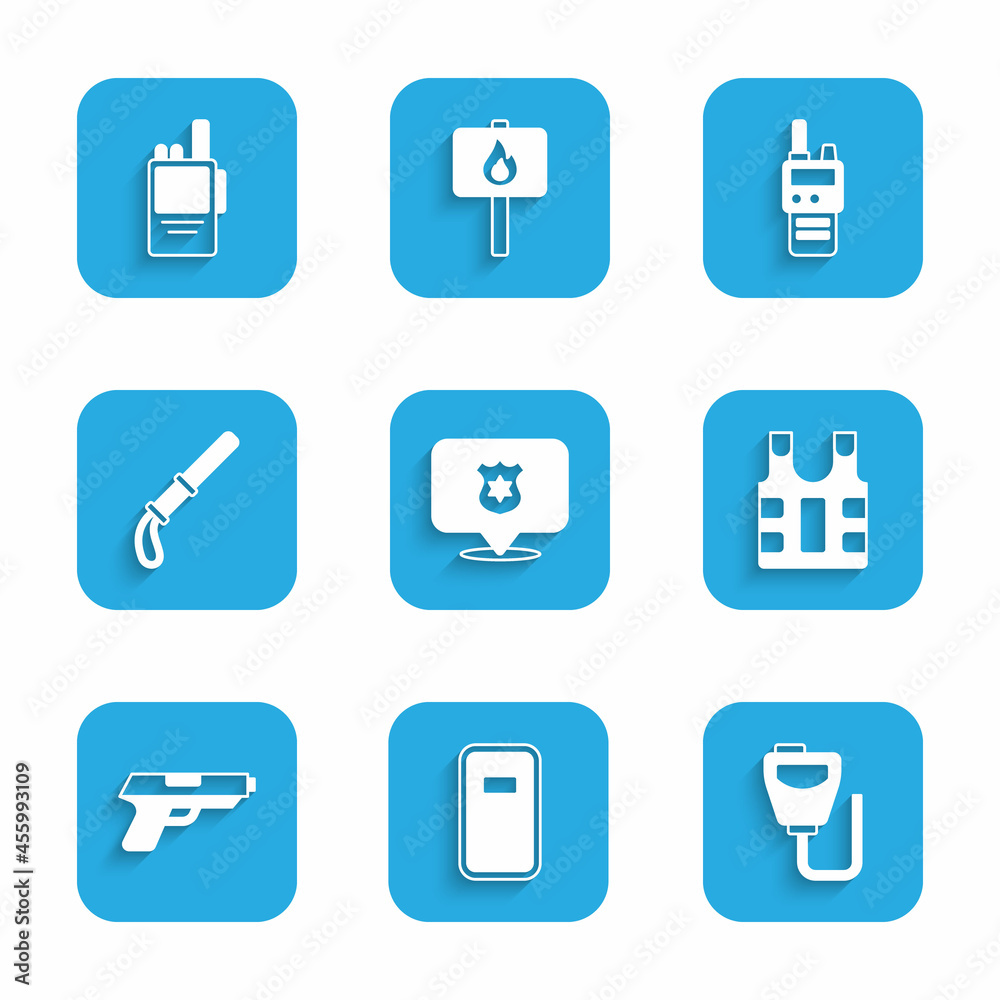 Set Police badge, assault shield, Walkie talkie, Bulletproof vest, Pistol or gun, rubber baton, and icon. Vector