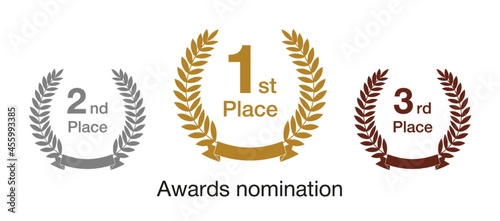 Awards logotype set. First, second, third place symbol. Decorative congrats. Tradition greeting. Round palm. Cup elements.