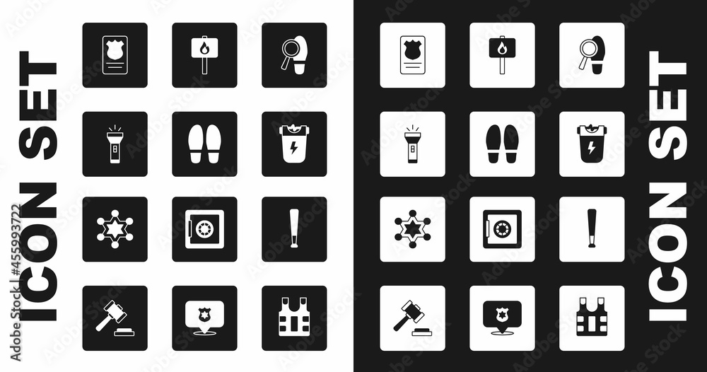 Set Footsteps, Flashlight, Police badge with id case, electric shocker, Protest, Baseball bat and Hexagram sheriff icon. Vector Set Footsteps, Flashlight, Police badge with id case, electric shocker, Protest, Baseball bat and Hexagram sheriff icon. Vector