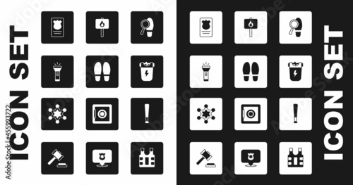 Set Footsteps, Flashlight, Police badge with id case, electric shocker, Protest, Baseball bat and Hexagram sheriff icon. Vector