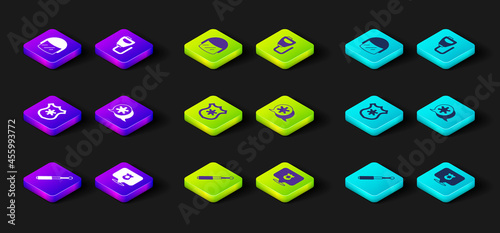 Set Telescopic baton, Police badge, Hexagram sheriff, Walkie talkie and helmet icon. Vector