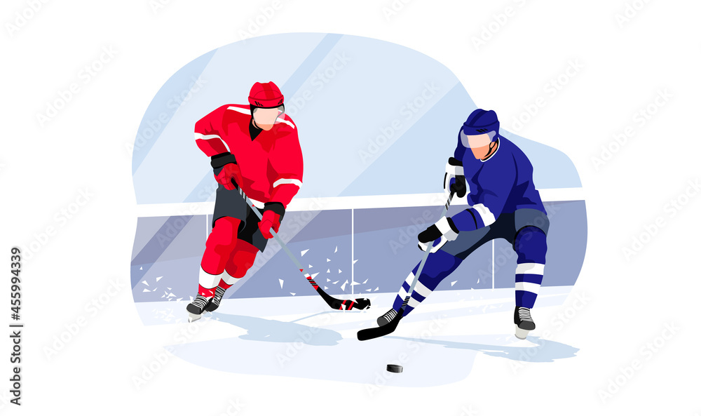 Fototapeta premium Hockey players in red and blue uniform are practicing and exercising to become better sportsmen. Concept of game and physical development. Vector graphic illustration