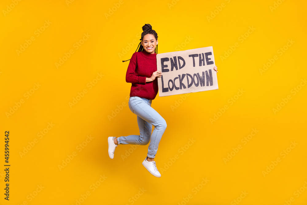 Full length body size photo woman jumping with carton poster crazy end lockdown isolated bright blue color background