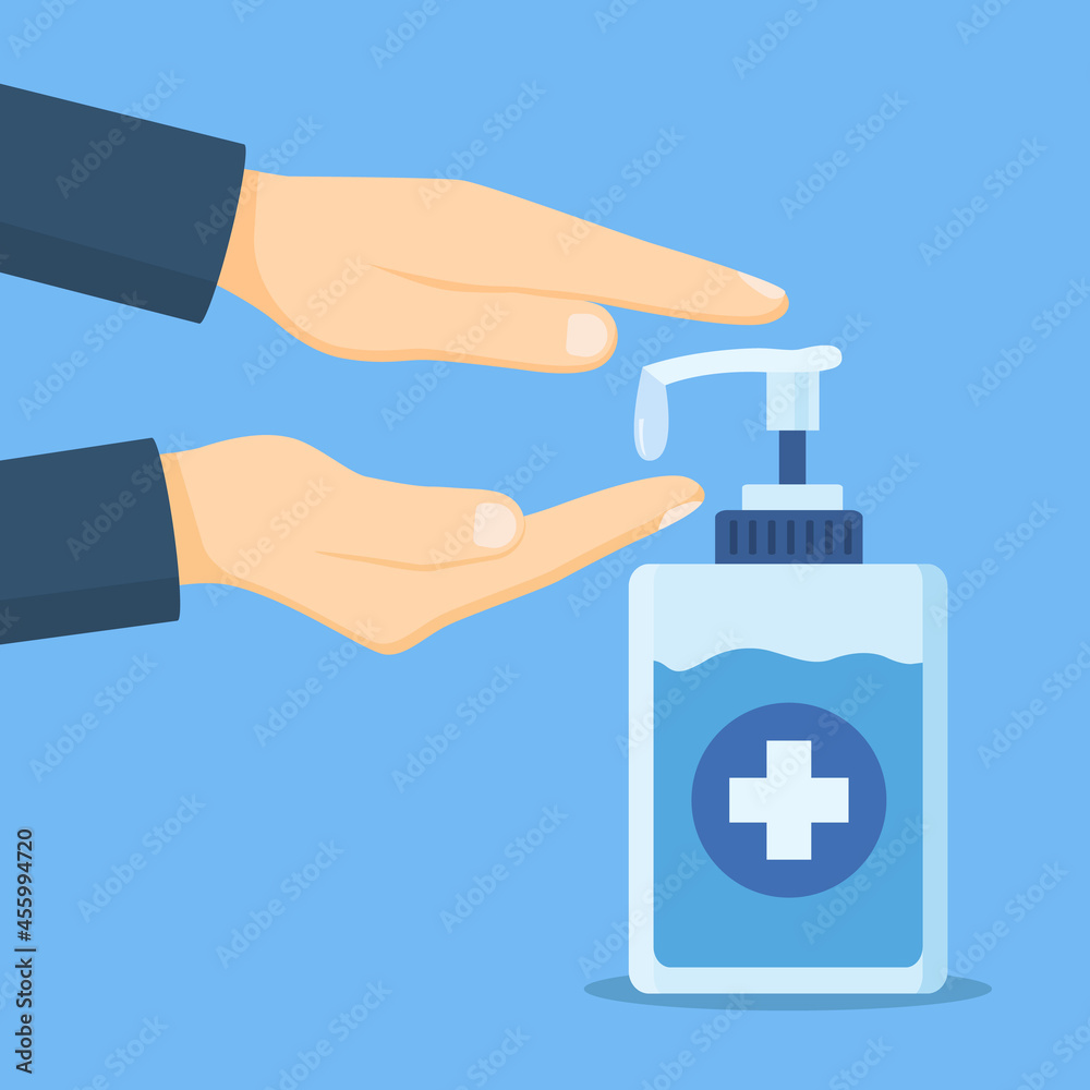 Washing hand and soap. Sanitation dispenser icon isolated on white background.Disinfection. Hand sanitizer bottle, washing gel.Vector stock