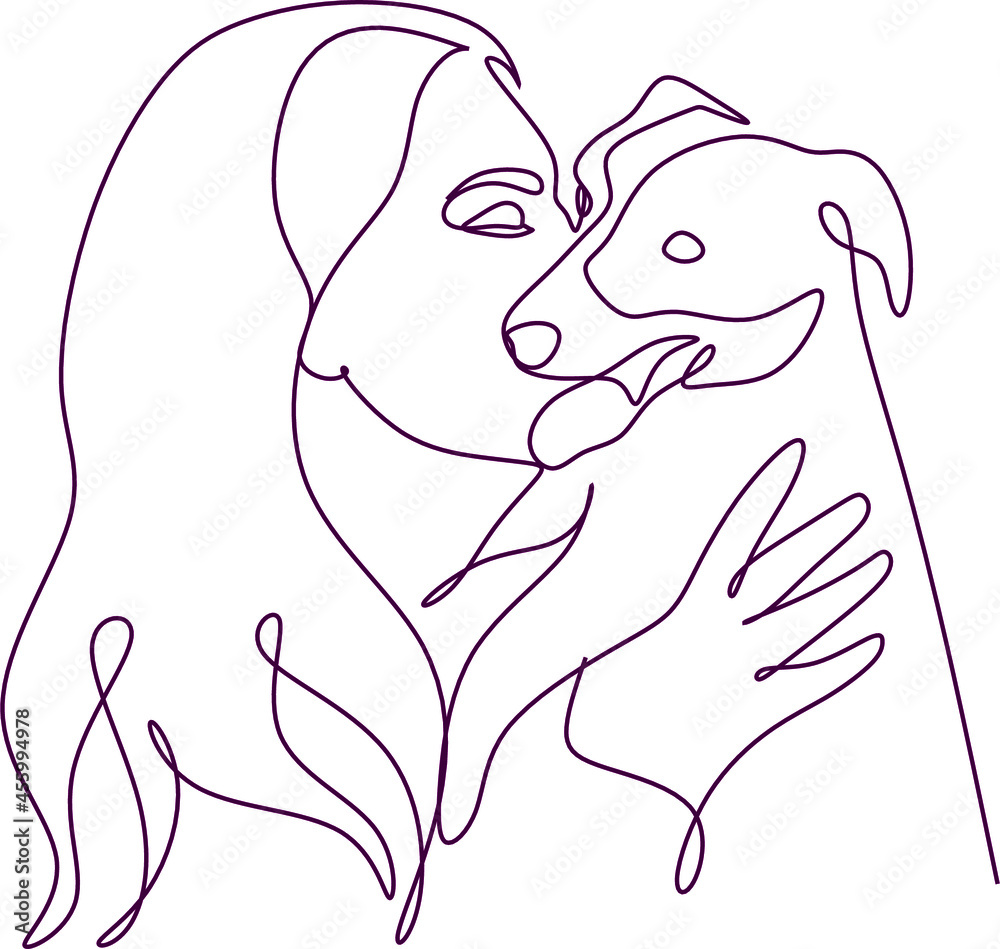 continuous line drawing of woman walking exercise with dog. One continuous single drawing line art doodle girl dog young female animal fashion friend. Isolated flat illustration hand draw contour. continuous line drawing of woman walking exercise with dog. One continuous single drawing line art doodle girl dog young female animal fashion friend. Isolated flat illustration hand draw contour.