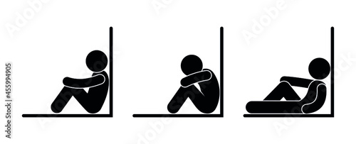 man sits near the wall, different poses of people having a rest, stick figure human silhouette, isolated vector pictograms