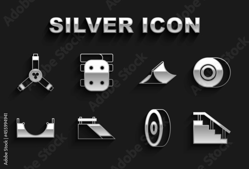 Set Skate park, Skateboard wheel, stairs with rail, ball bearing, Y-tool and Knee pads icon. Vector