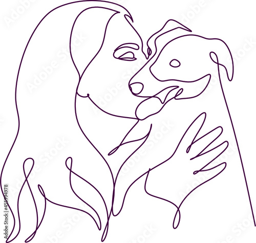 continuous line drawing of woman walking exercise with dog. One continuous single drawing line art doodle girl dog young female animal fashion friend. Isolated flat illustration hand draw contour.