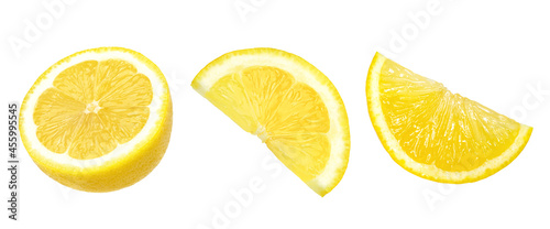 Ripe slice of yellow lemon fruit isolated on white background, juicy lemon, collection.