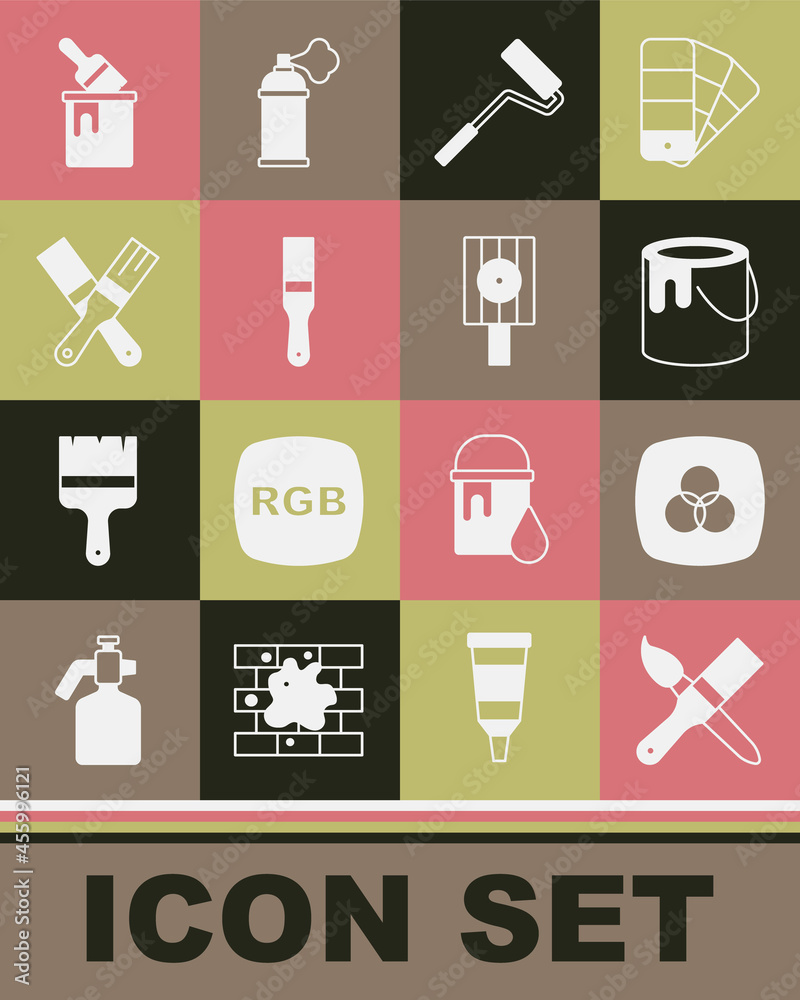 Set Paint brush, RGB and CMYK color mixing, bucket, roller, with and Spray can nozzle cap icon. Vector Set Paint brush, RGB and CMYK color mixing, bucket, roller, with and Spray can nozzle cap icon. Vector