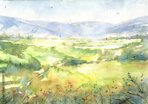 watercolor landscape of summer Tuscany in Italy 