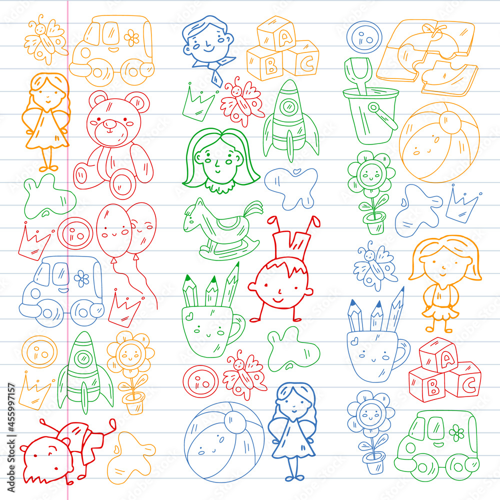 Kindergarten pattern with little children and toys. Creativity and imagination. Kindergarten pattern with little children and toys. Creativity and imagination.