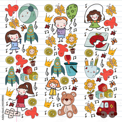 Kindergarten pattern with little children and toys. Creativity and imagination.