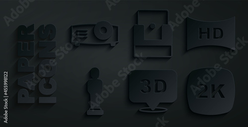 Set 3D word, Hd movie, tape, frame, Movie trophy, 2k Ultra HD, Cinema chair and Movie, film, media projector icon. Vector