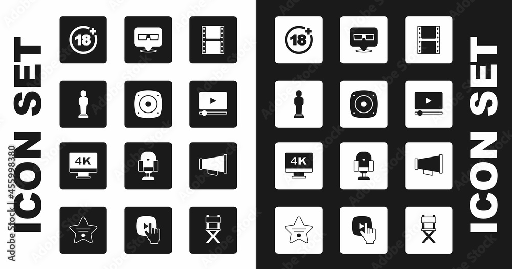 Set Play video, Stereo speaker, Movie trophy, Plus 18 movie, Online play, 3D cinema glasses, Megaphone and Screen tv with 4k icon. Vector Set Play video, Stereo speaker, Movie trophy, Plus 18 movie, Online play, 3D cinema glasses, Megaphone and Screen tv with 4k icon. Vector