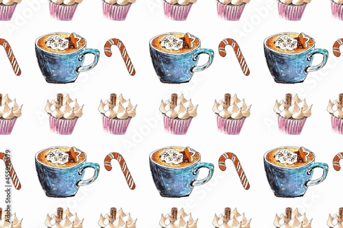 Seamless pattern whis pink coffee cup and cookies for wrapping paper and fabric design. Watercolor hand painted illustration