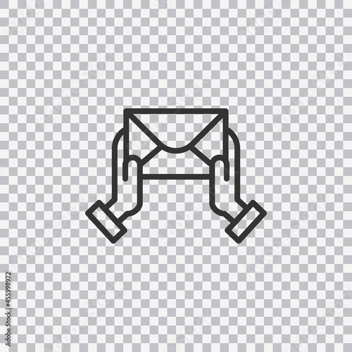 Give envelope outline icon isolated on transparent background. Two hands are holding an envelope. Vector.