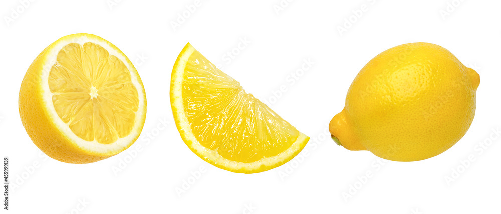 Yellow ripe lemons and slices isolated on white background, juicy lemon, collection.