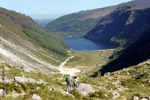 Hike on a sunny summer day in the Wicklow Mountains, Glendalough, Ireland.