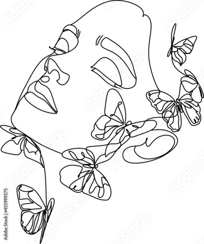 Butterfly Surreal Woman Face  line art.  Abstract face with butterfly one line drawing. Portrat minimalistic style. Fashion concept, woman beauty minimalist, poster with minimal woman face 