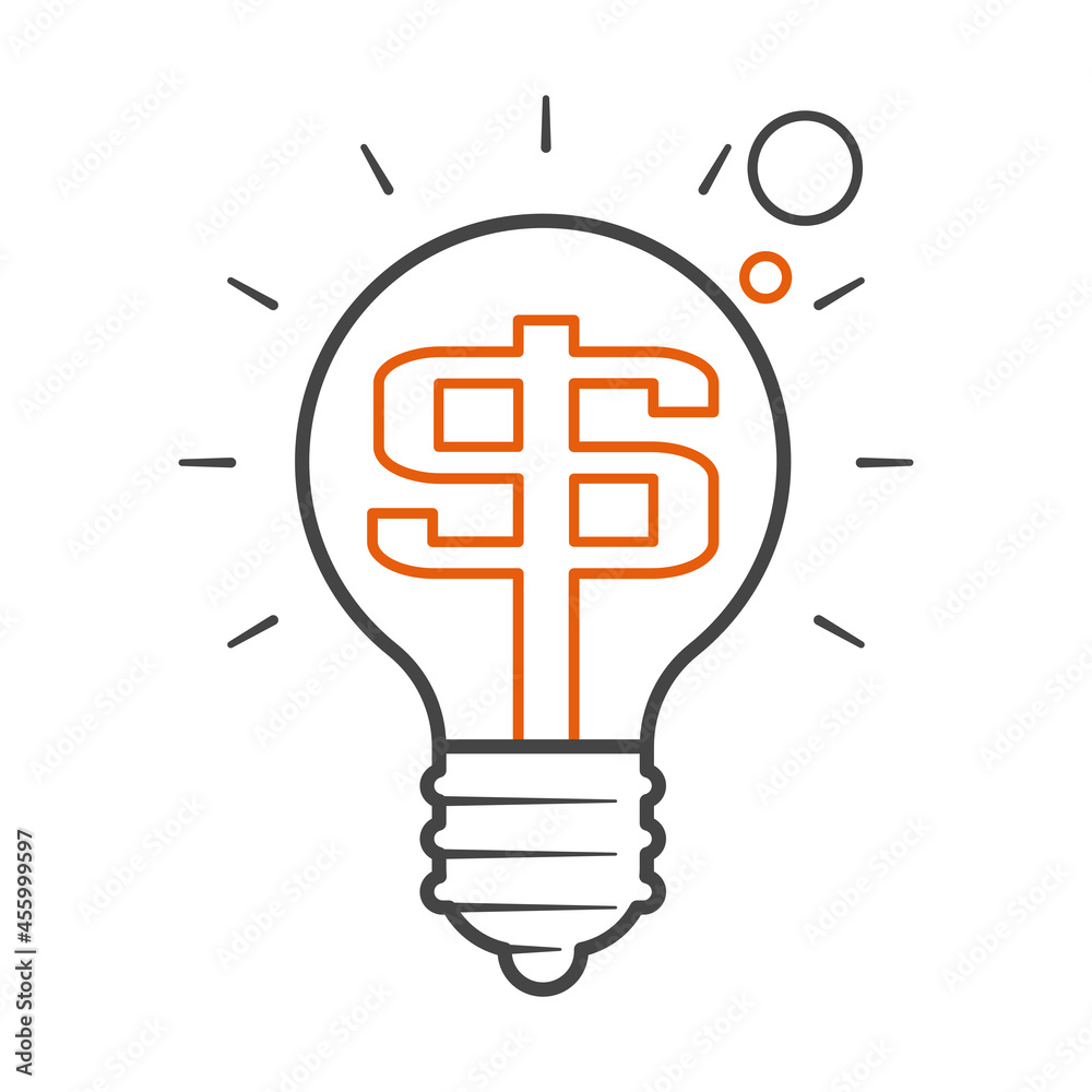 Glowing electric bulb with US dollar sign. Economy, market, investment, finance concept. Flat style icon. Isolated on white background. 