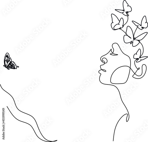 Butterfly Surreal Woman Face  line art.  Abstract face with butterfly one line drawing. Portrat minimalistic style. Fashion concept, woman beauty minimalist, poster with minimal woman face 