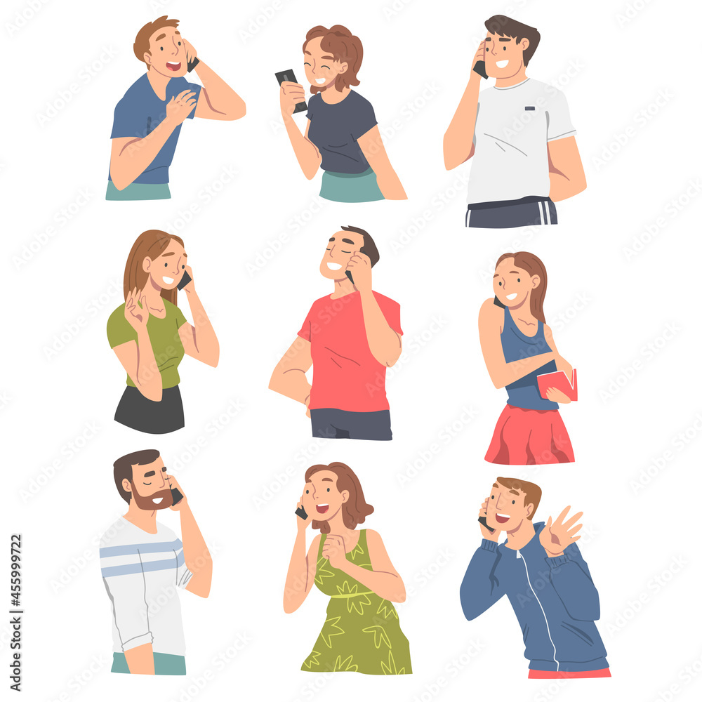 People Character Receiving Good News Speaking by Phone and Smiling Happily Vector Illustration Set People Character Receiving Good News Speaking by Phone and Smiling Happily Vector Illustration Set