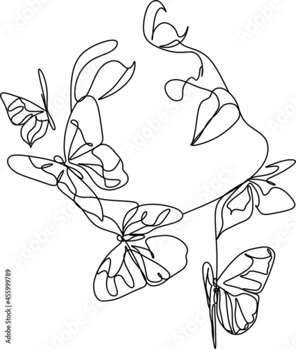 Butterfly Surreal Woman Face  line art.  Abstract face with butterfly one line drawing. Portrat minimalistic style. Fashion concept, woman beauty minimalist, poster with minimal woman face 