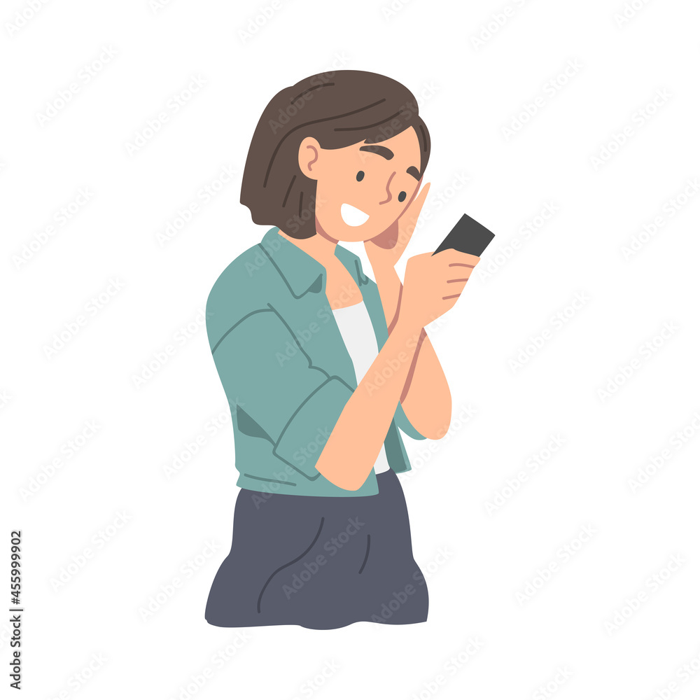 Woman Character Receiving Good News Reading Message and Smiling Happily Vector Illustration Woman Character Receiving Good News Reading Message and Smiling Happily Vector Illustration