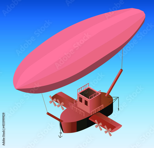 Isometric vector illustration of fantasy steampunk zeppelin on a blue background. 